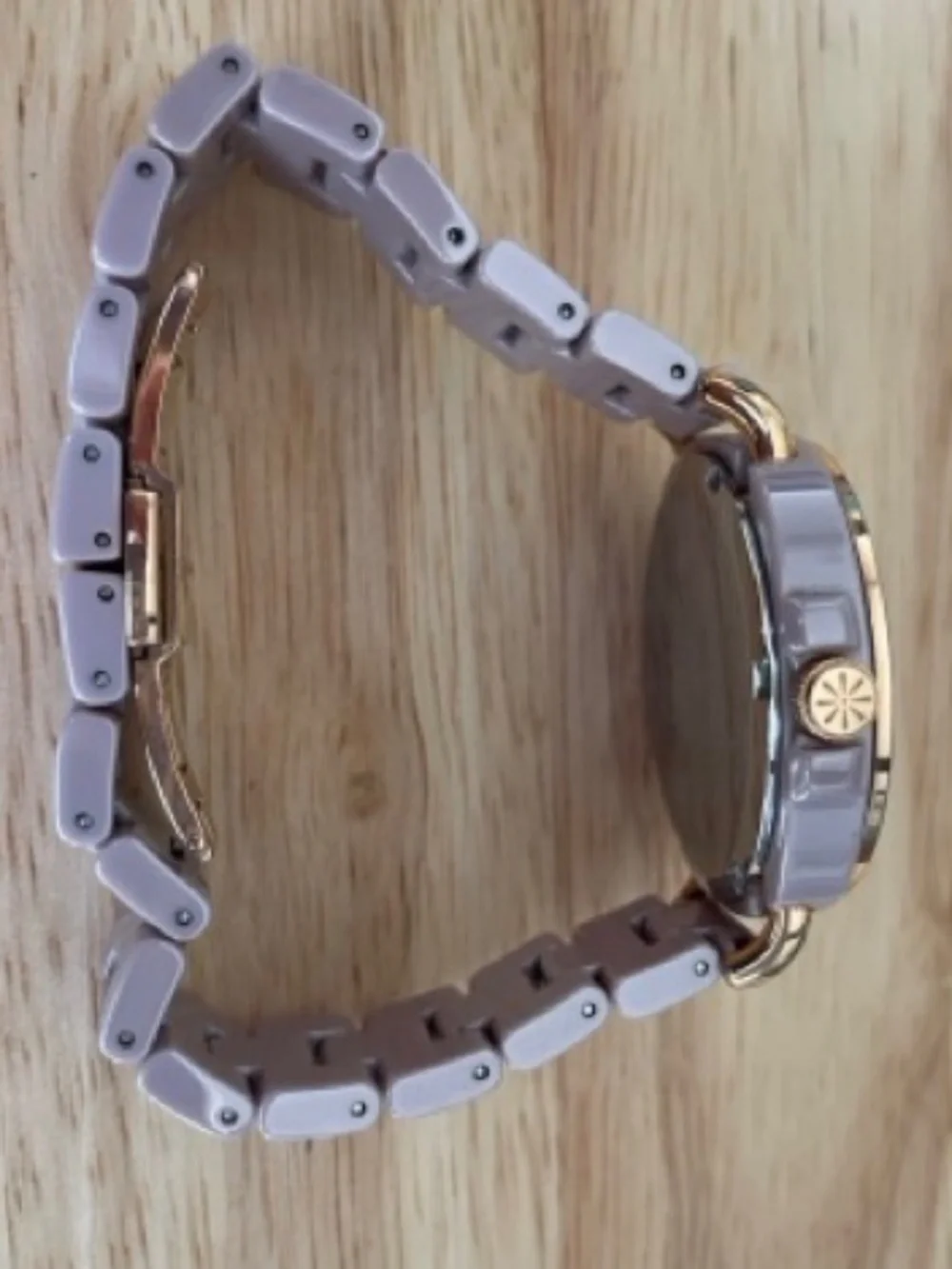 Isaac Mizrahi Mauve Ceramic Watch Gold Trim Rhinestone Accents